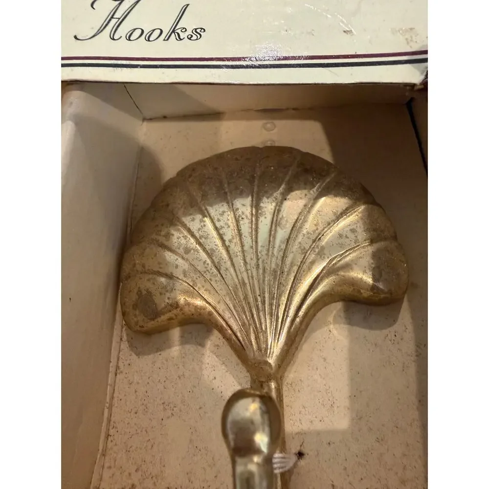 NEW Two Brass Shell Wall Hangers curtain hook holder seashell gold vintage